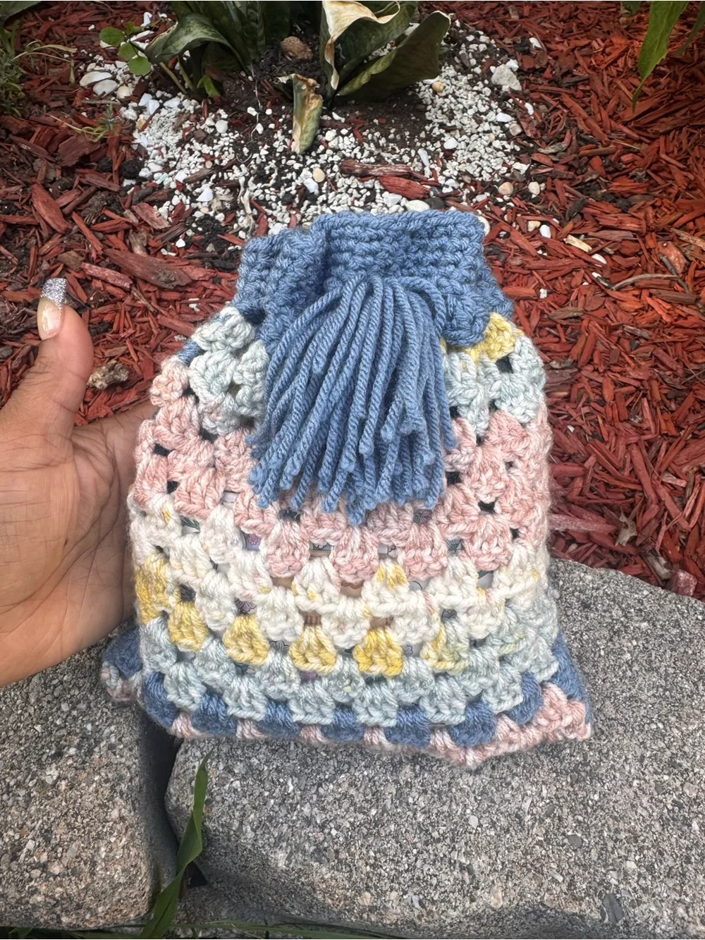 Handmade Crochet Granny Stitch Drawstring Bucket Bag | Boho Tassel Purse